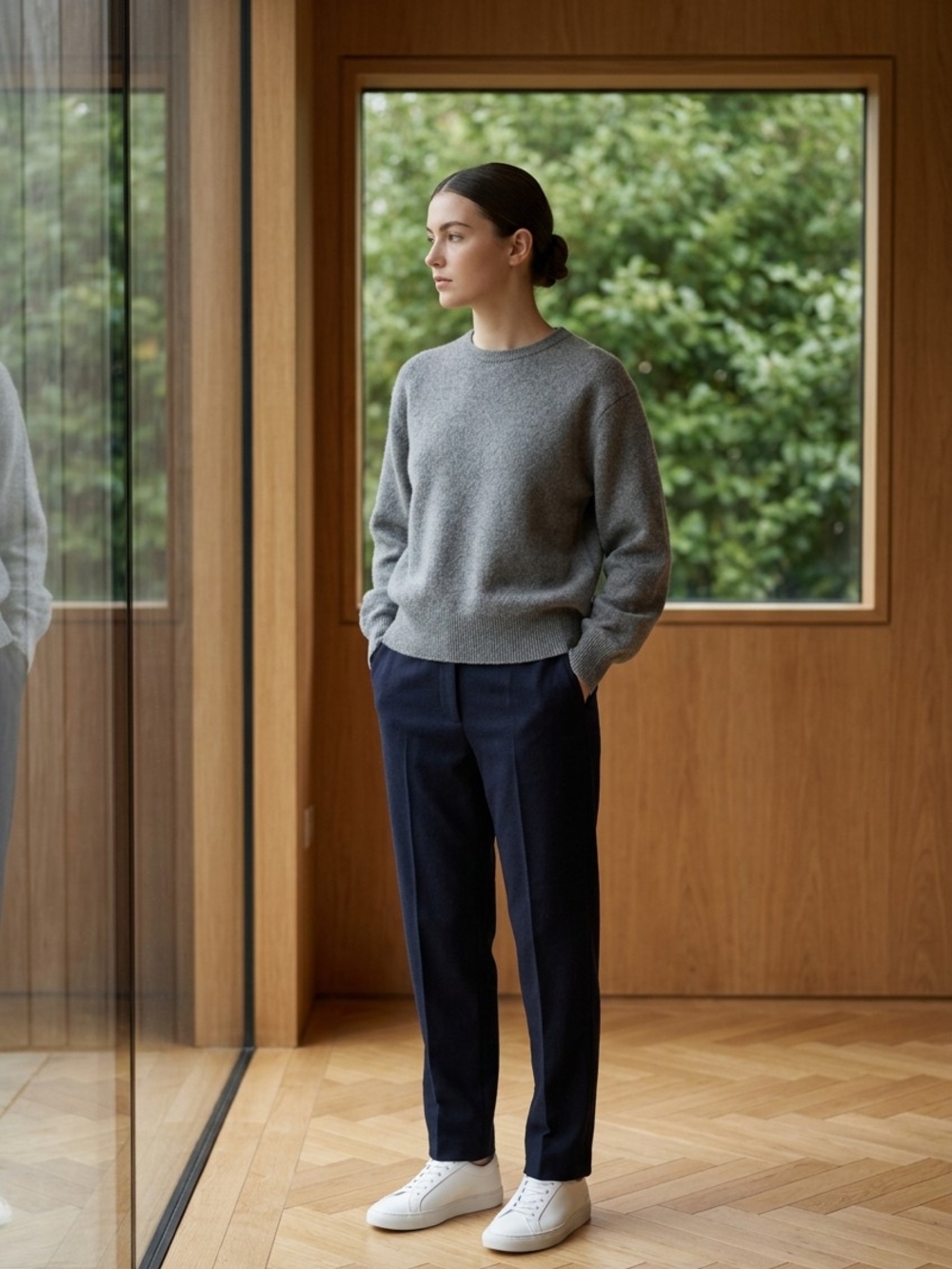Sea BLUE Balloon Slleve Cashmere Gray Crewneck Sweater